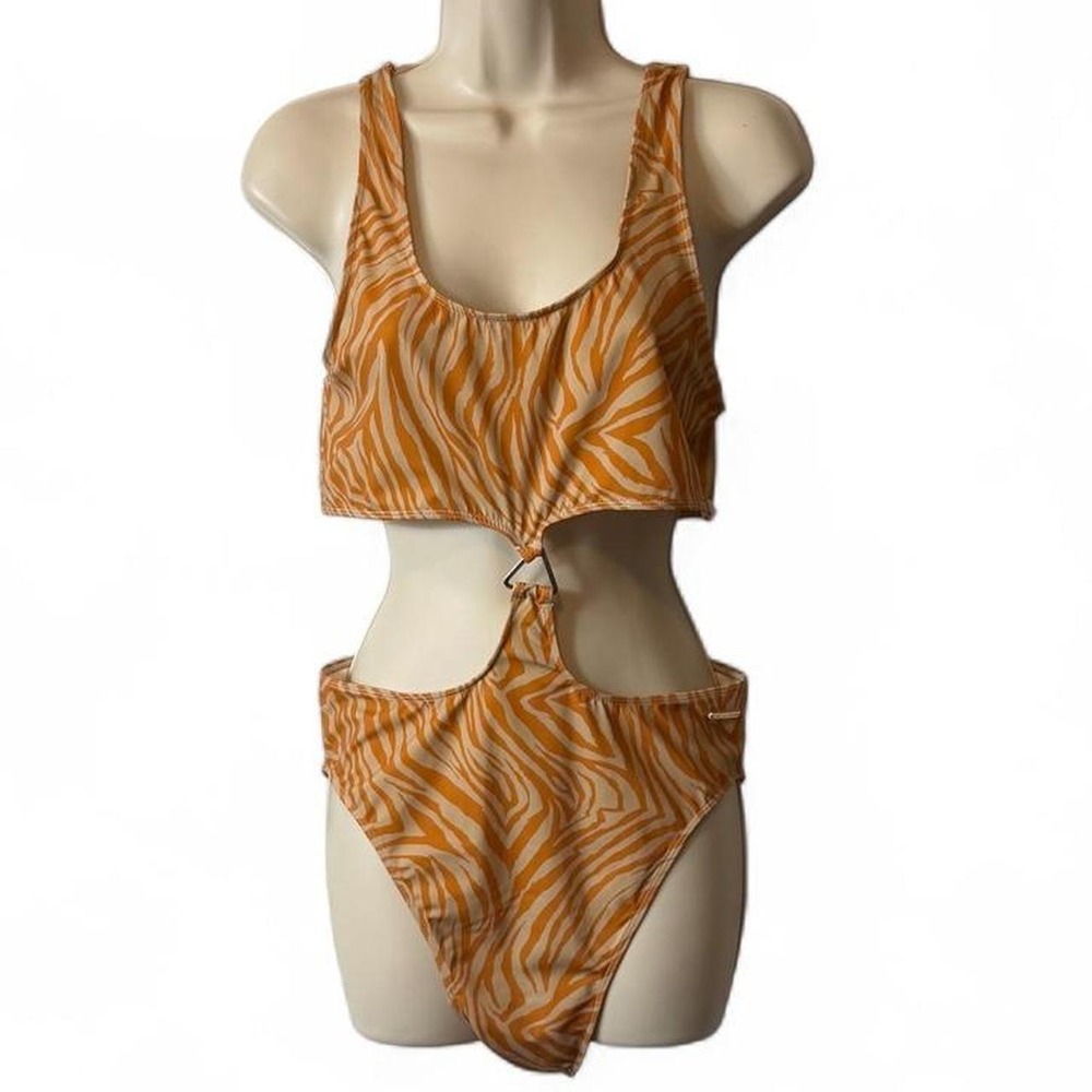Nia Lynn Orange Zebra Print Cut Out One Piece Swimsuit, Women's‎ Size L